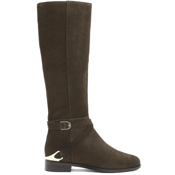 Saint Damaris suede olive decorative knee high boots for women, side view of gold heel accent