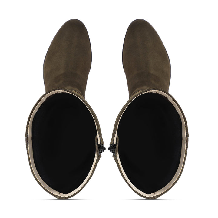 Saint Damaris olive suede knee high boots, interior and sole view