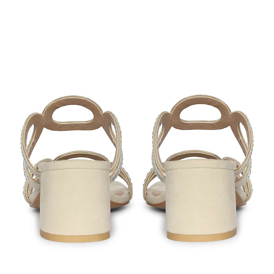 Low block heels beige leather crystal embellishment – back view