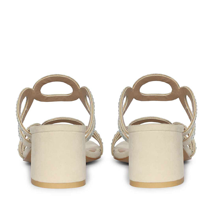 Low block heels beige leather crystal embellishment – back view