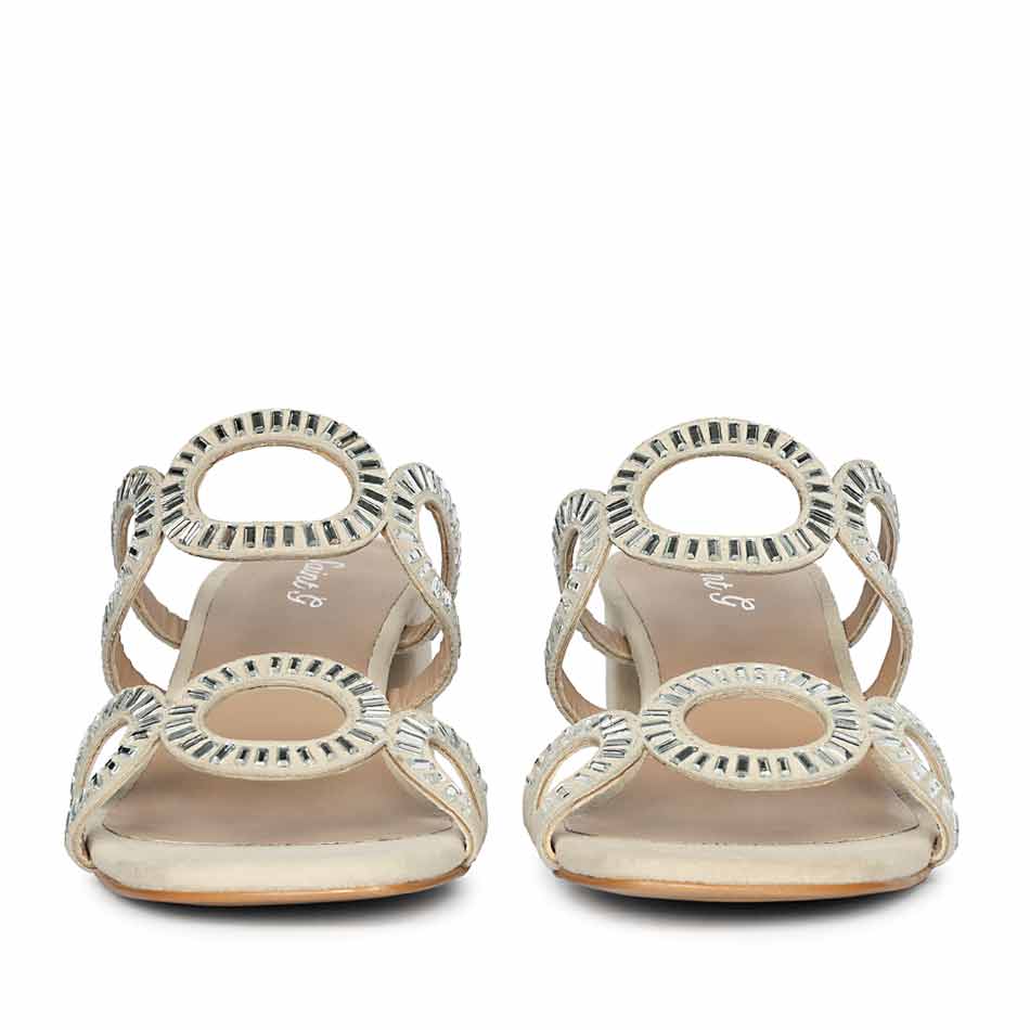 Beige low block heels leather strass – pair front view