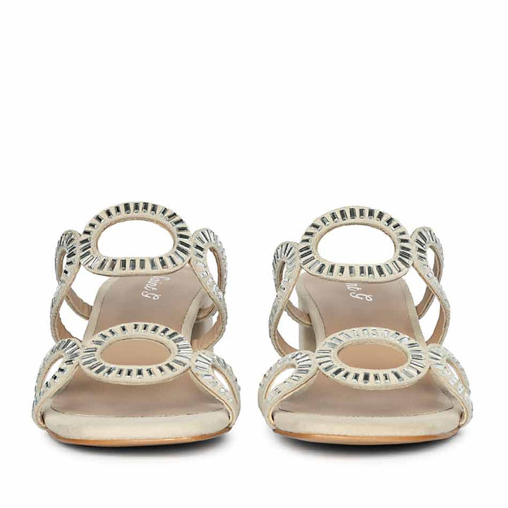 Beige low block heels leather strass – pair front view