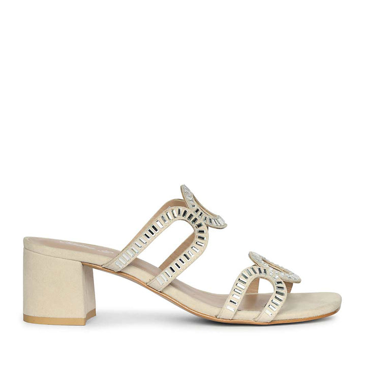Low block heels for women beige leather strass-embellished – right side view