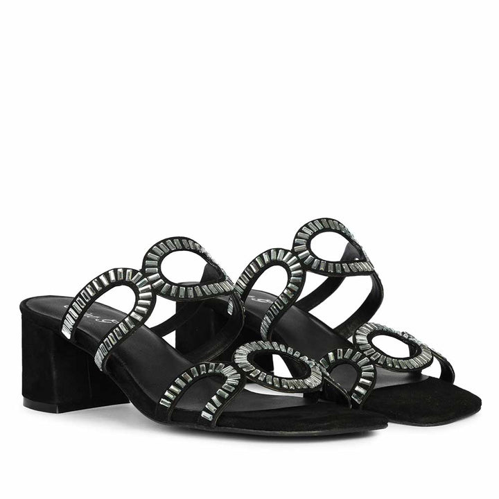 Black low block heel shoes with crystal embellishment – pair angle view