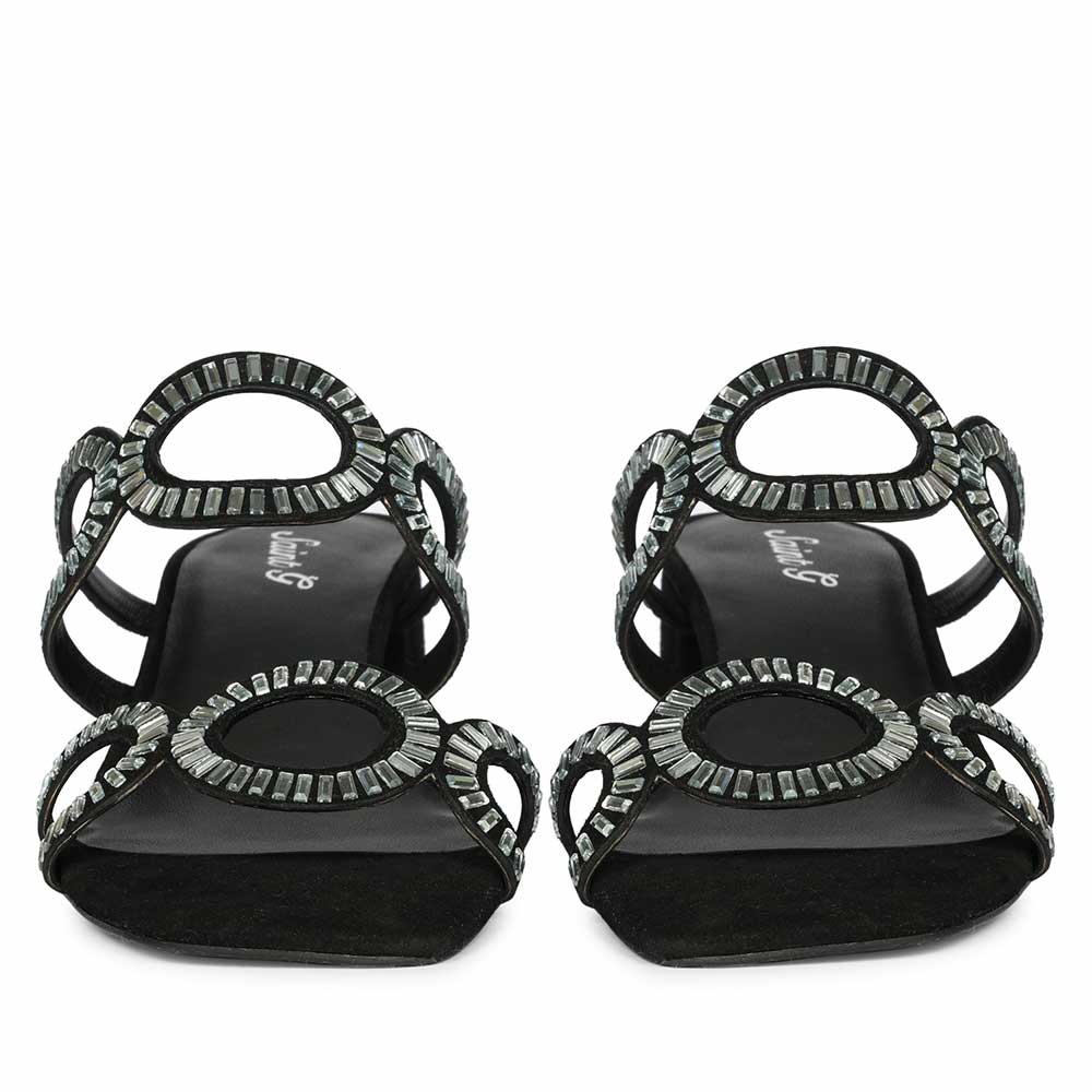 Black low block heel shoes leather embellished – pair front view