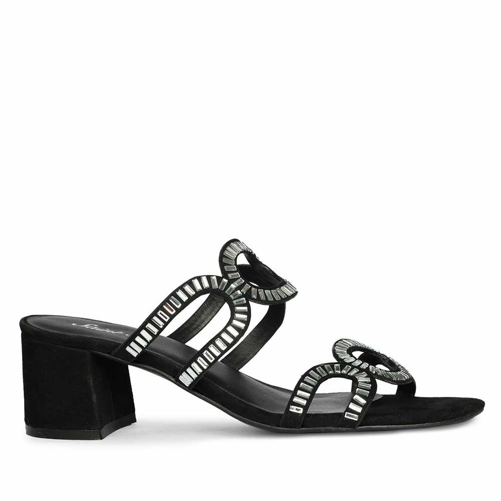 Black low block heels strass-embellished leather – right side view