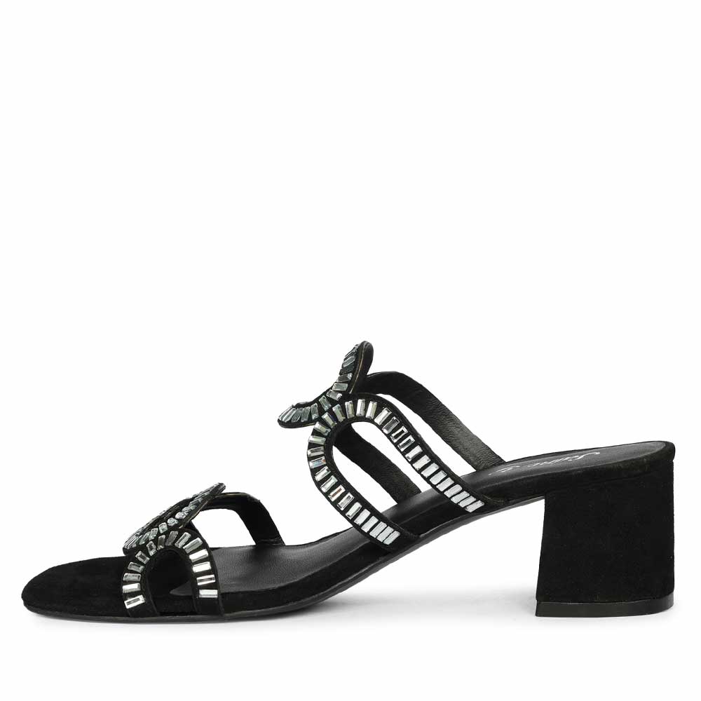 Low block heels for women black leather strass – side profile