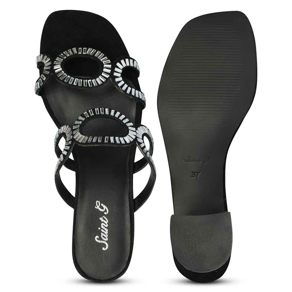 Black low block heel shoes crystal embellishment detail – close-up