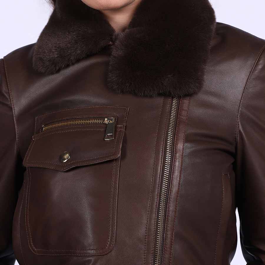 Close-up of shearling collar and chest pocket on Saint Darcy brown leather jacket UK
