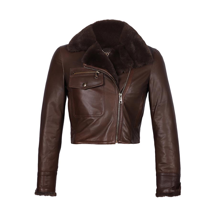 Saint Darcy brown leather shearling-collar jacket UK, flat product shot