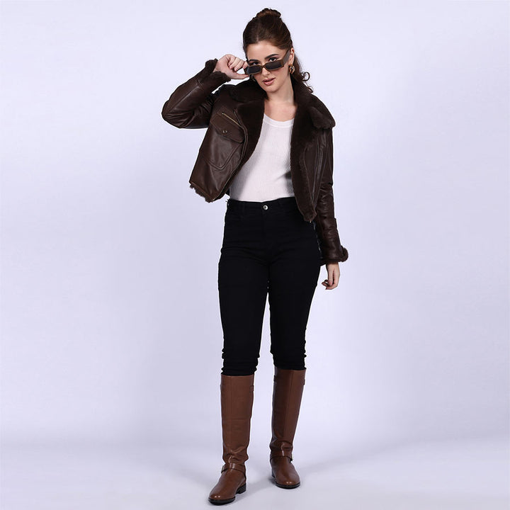 Brown leather shearling-collar jacket for women UK, styled full-length lifestyle shot
