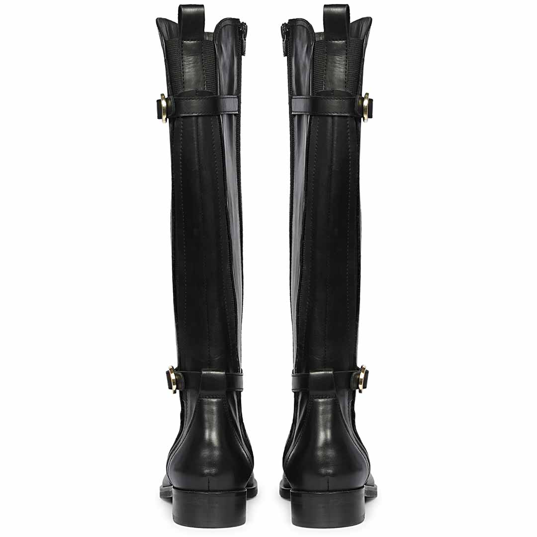 Women's Saint Darla black leather long boots, back pair view showing zip and buckles
