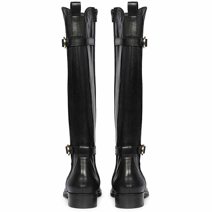 Women's Saint Darla black leather long boots, back pair view showing zip and buckles