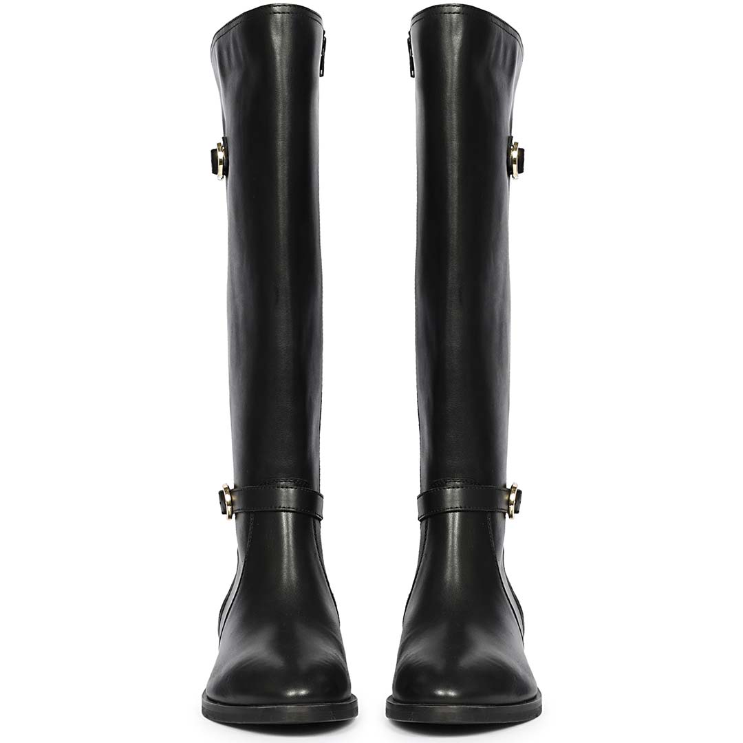 Saint Darla dual gold buckle black long boots, front pair view of double buckle straps