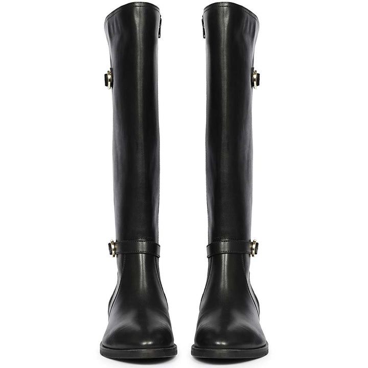 Saint Darla dual gold buckle black long boots, front pair view of double buckle straps