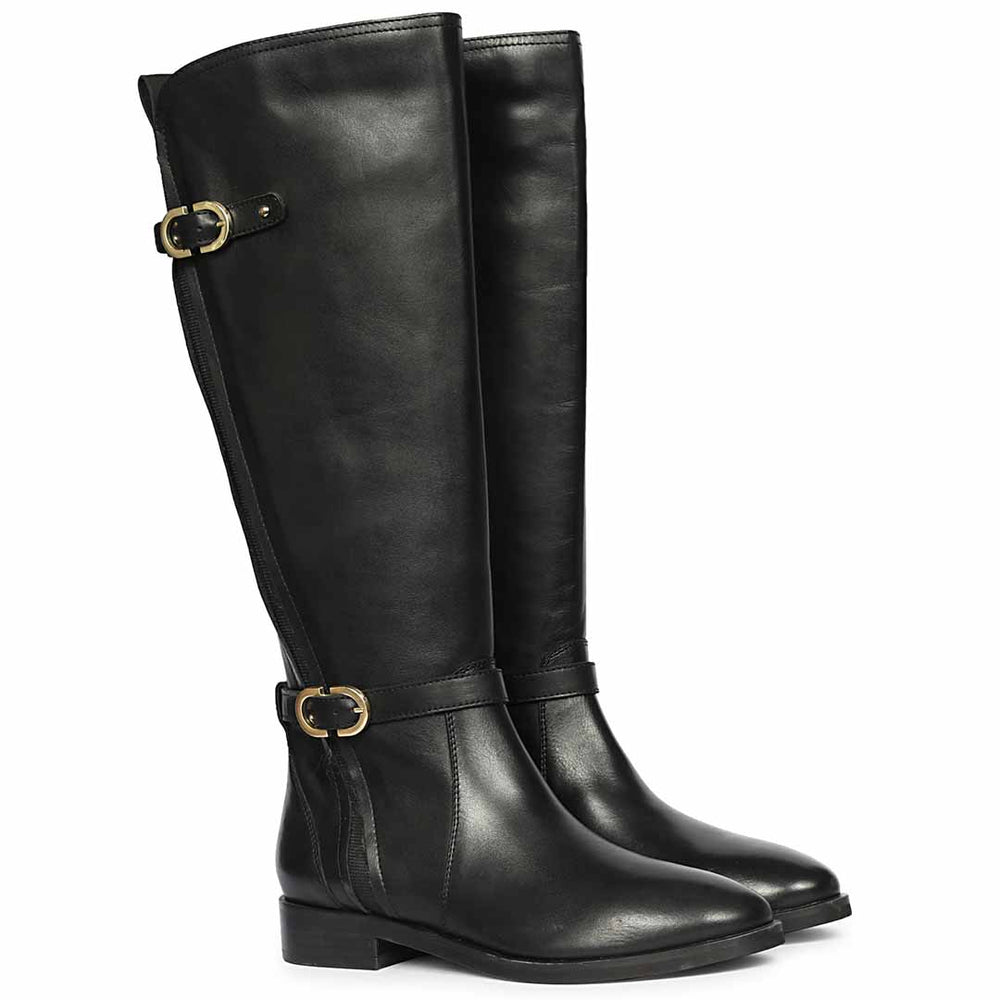 Women's Saint Darla black leather long boots, pair view showing dual gold buckle straps