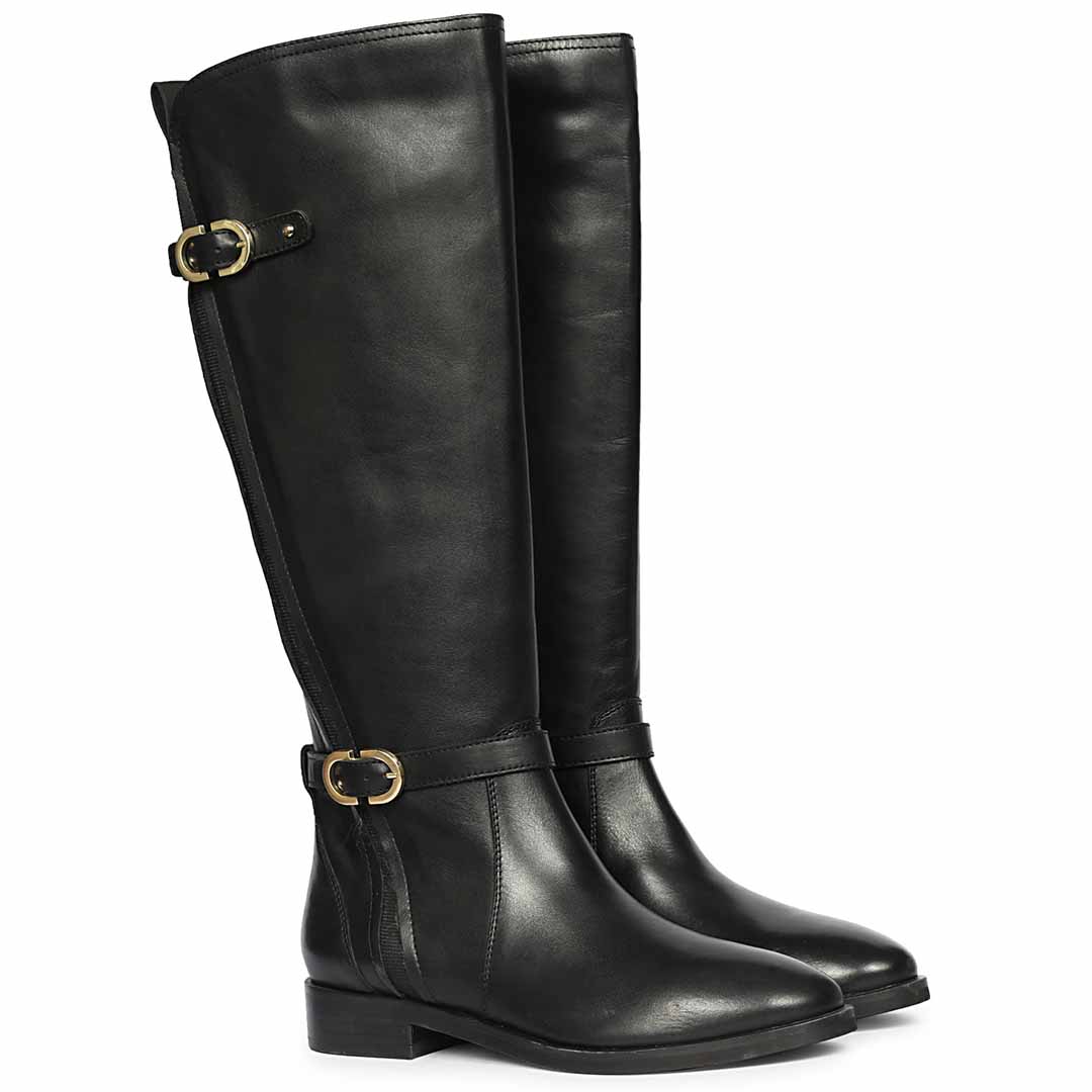 Women's Saint Darla black leather long boots, pair view showing dual gold buckle straps