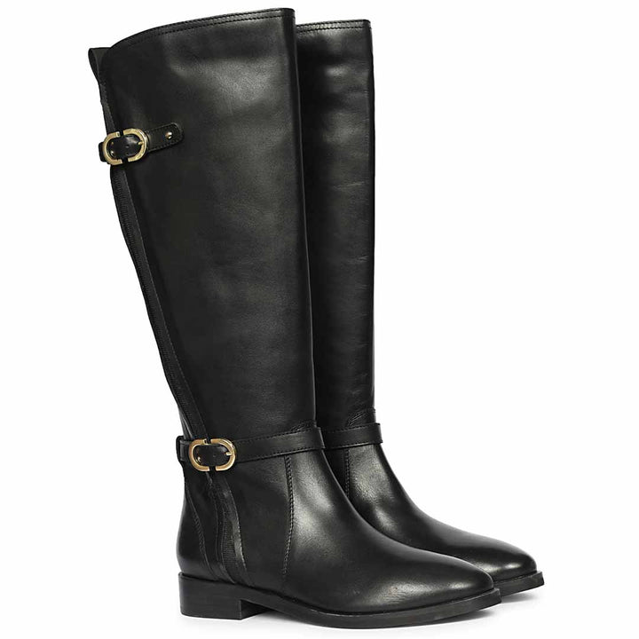 Women's Saint Darla black leather long boots, pair view showing dual gold buckle straps