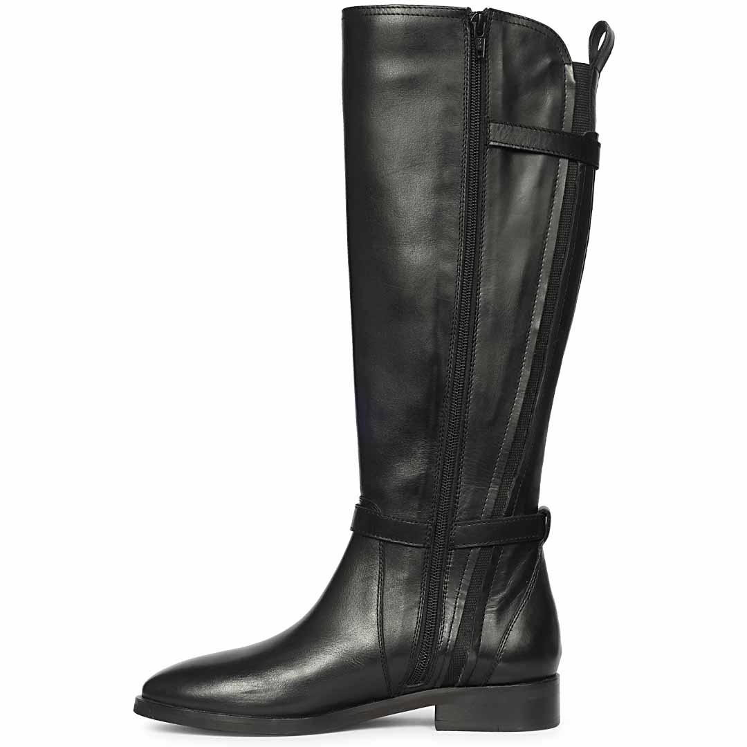 Saint Darla black leather long boots for women UK, side view showing zip closure