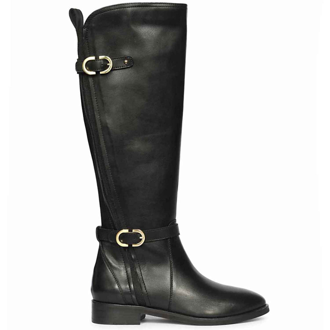 Saint Darla dual gold buckle accents black leather long boots for women, side view of double buckle