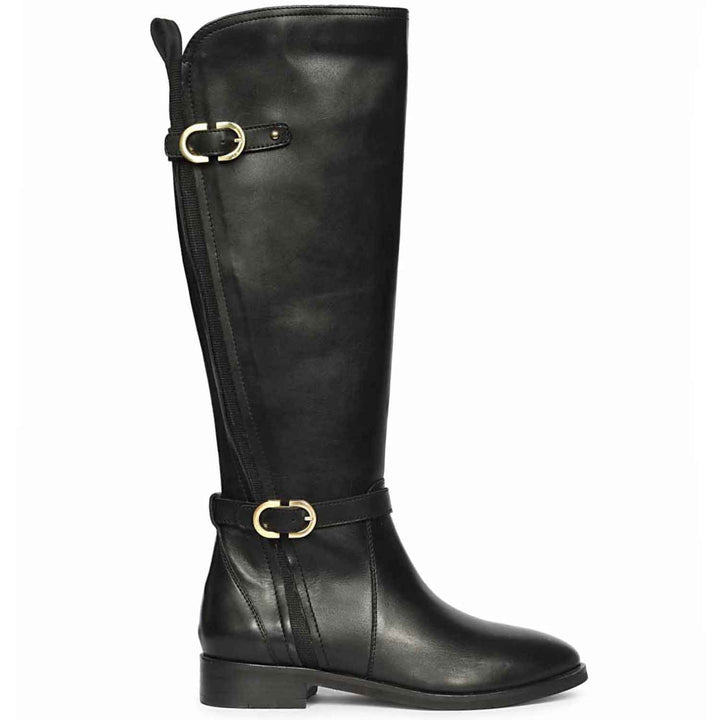 Saint Darla dual gold buckle accents black leather long boots for women, side view of double buckle