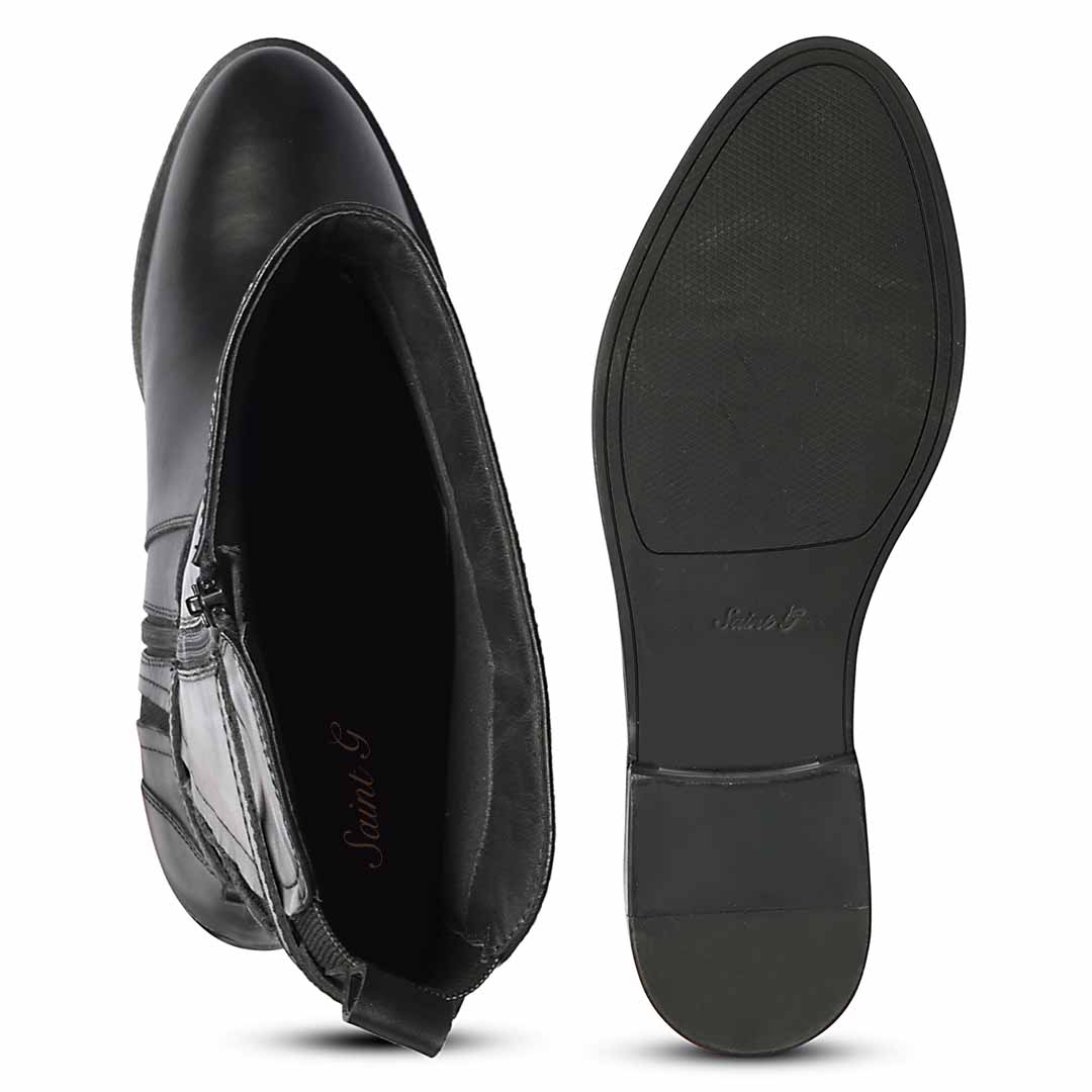 Saint Darla dual gold buckle black boots, interior and sole view