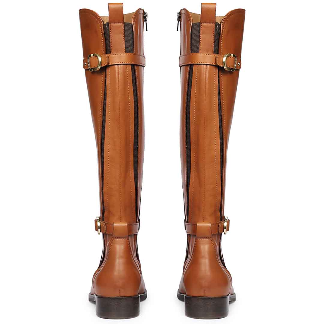 Women's Saint Darla tan leather long boots, back pair view showing zip and buckles