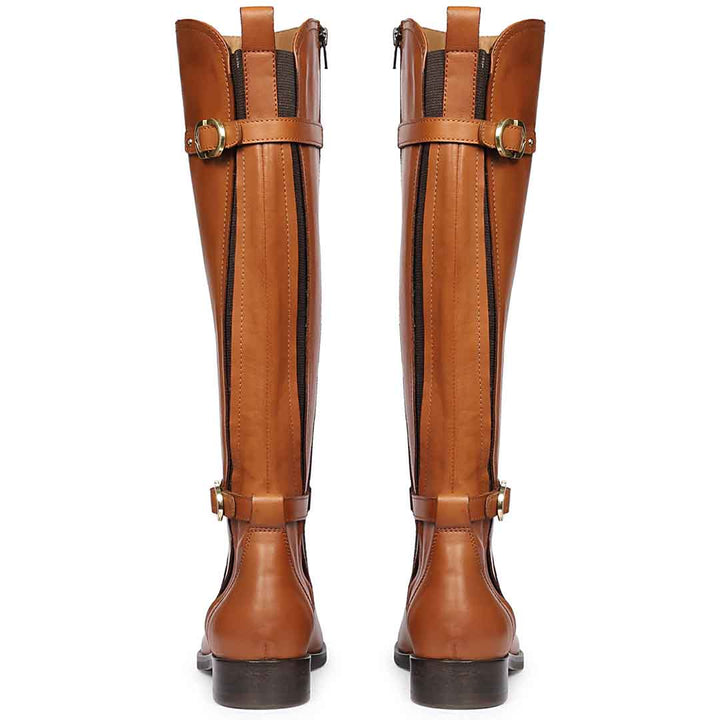 Women's Saint Darla tan leather long boots, back pair view showing zip and buckles