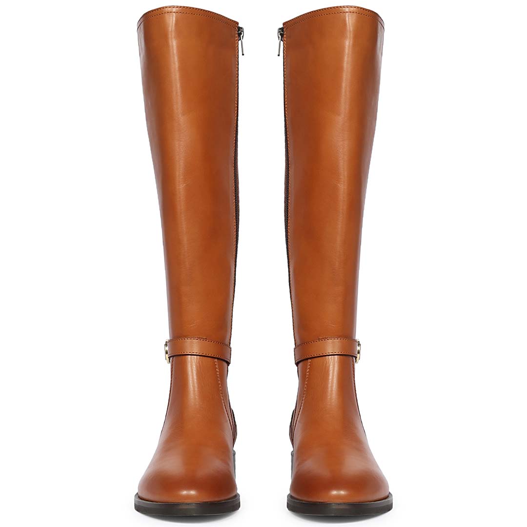 Saint Darla dual gold buckle tan long boots, front pair view of double buckle straps