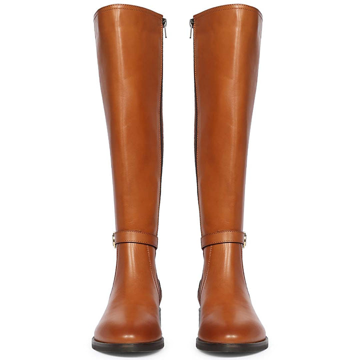 Saint Darla dual gold buckle tan long boots, front pair view of double buckle straps