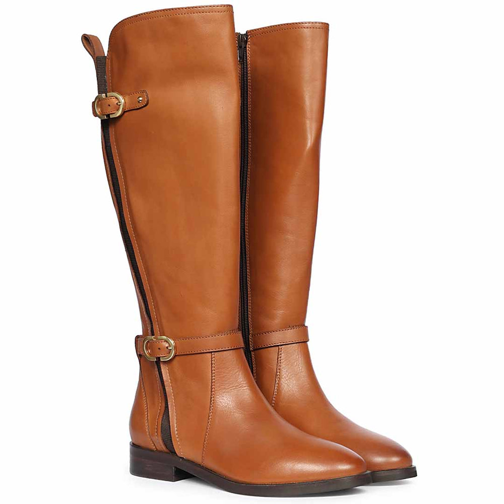 Women's Saint Darla tan leather long boots, pair view showing dual gold buckle straps