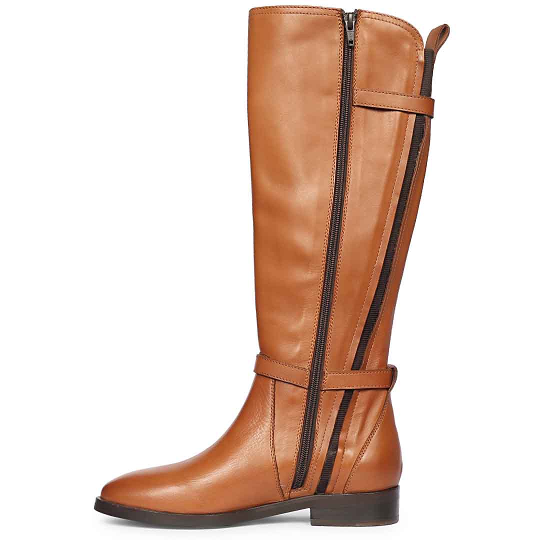 Saint Darla tan leather long boots for women UK, side view showing zip closure