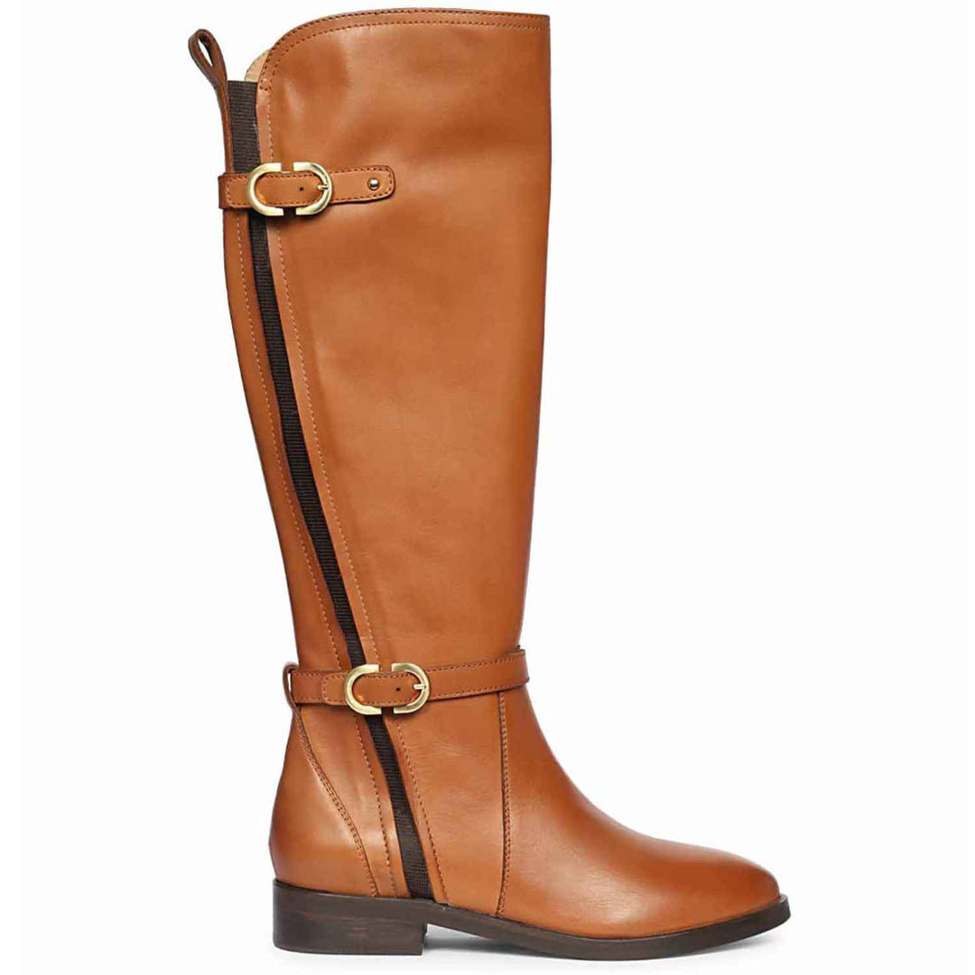 Saint Darla dual gold buckle accents tan leather long boots for women, side view of double buckle