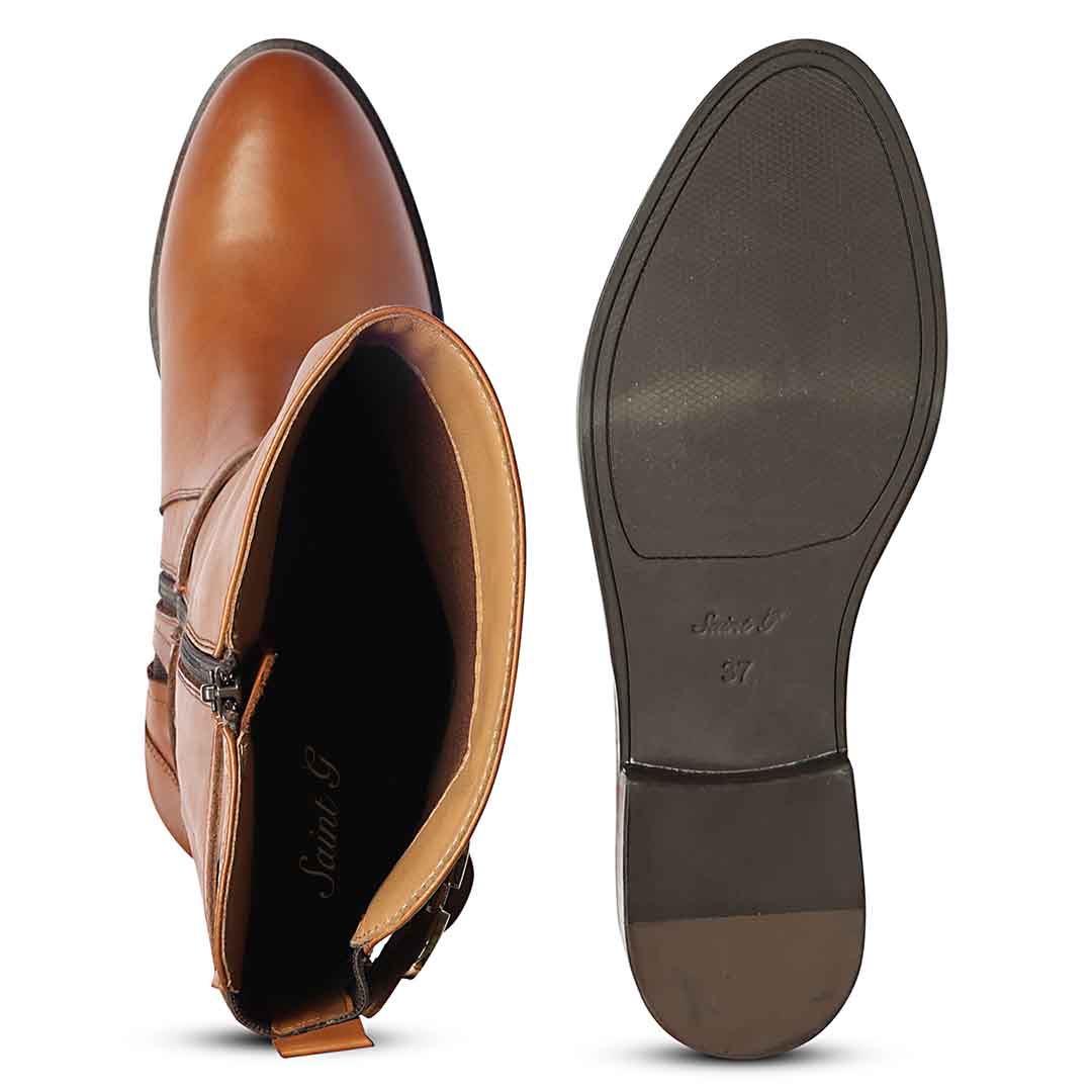 Saint Darla dual gold buckle tan boots, interior and sole view