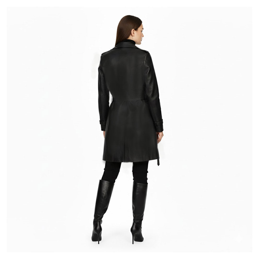 Saint Davina black leather trench coat UK, back view