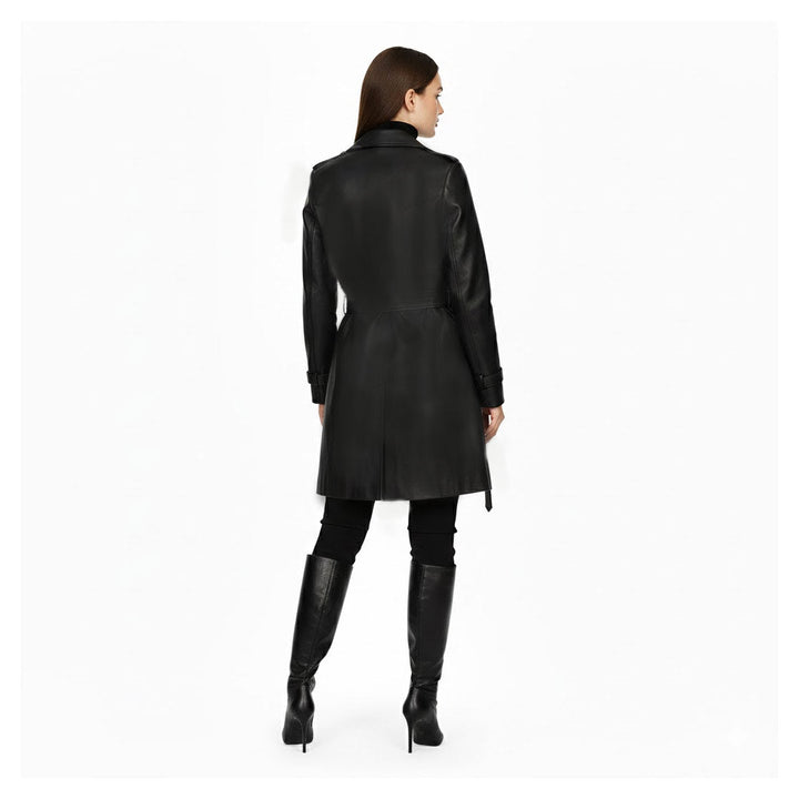 Saint Davina black leather trench coat UK, back view