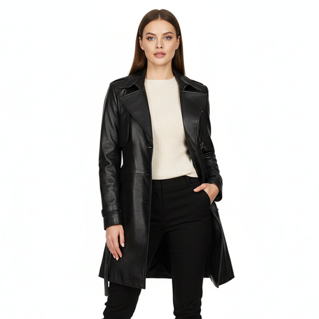 Saint Davina black leather trench coat for women UK, front view with notched lapel
