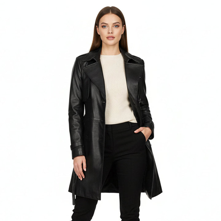 Saint Davina black leather trench coat for women UK, front view with notched lapel