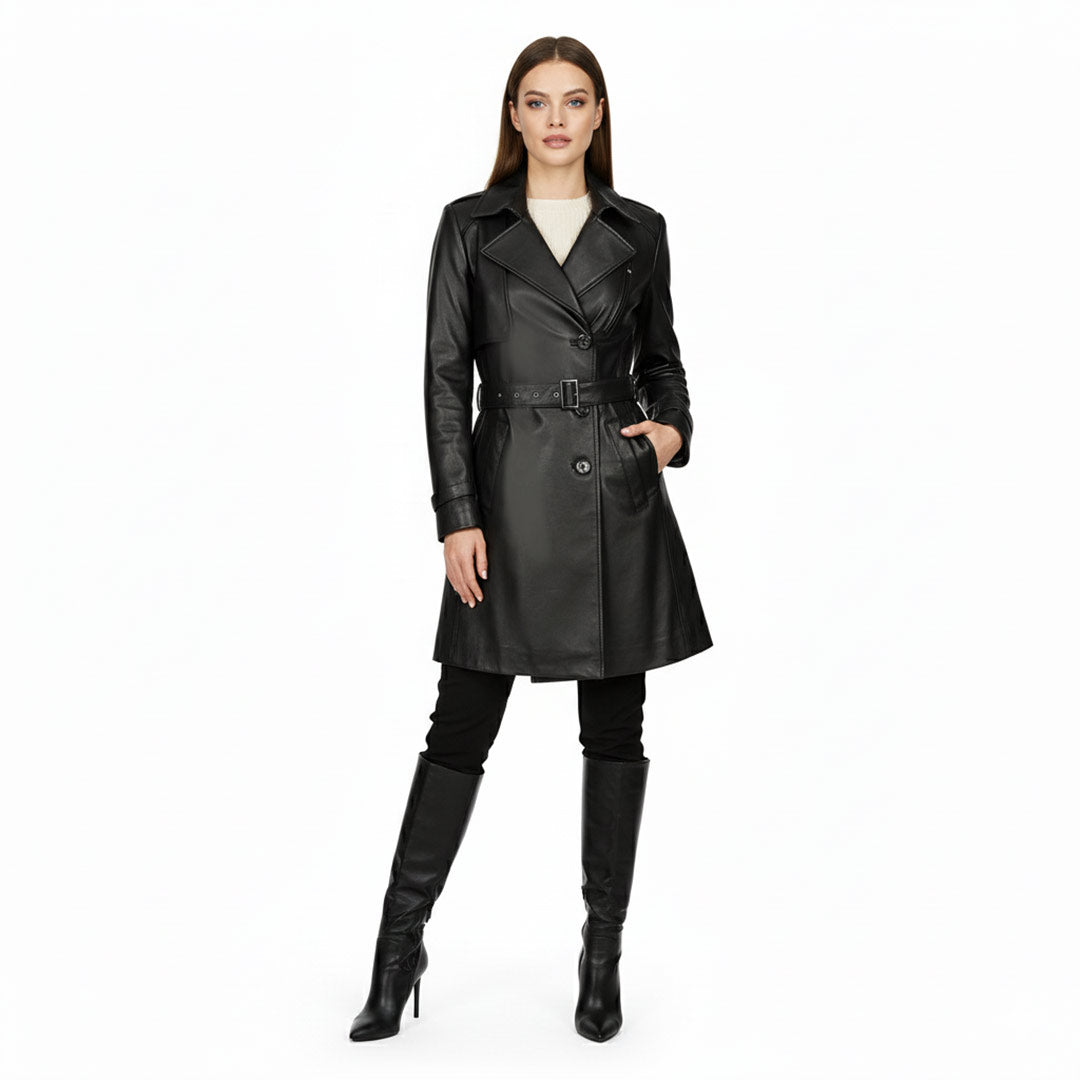 Saint Davina black leather trench coat UK, styled full-length lifestyle shot