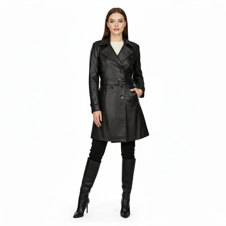 Saint Davina black leather trench coat UK, styled full-length lifestyle shot