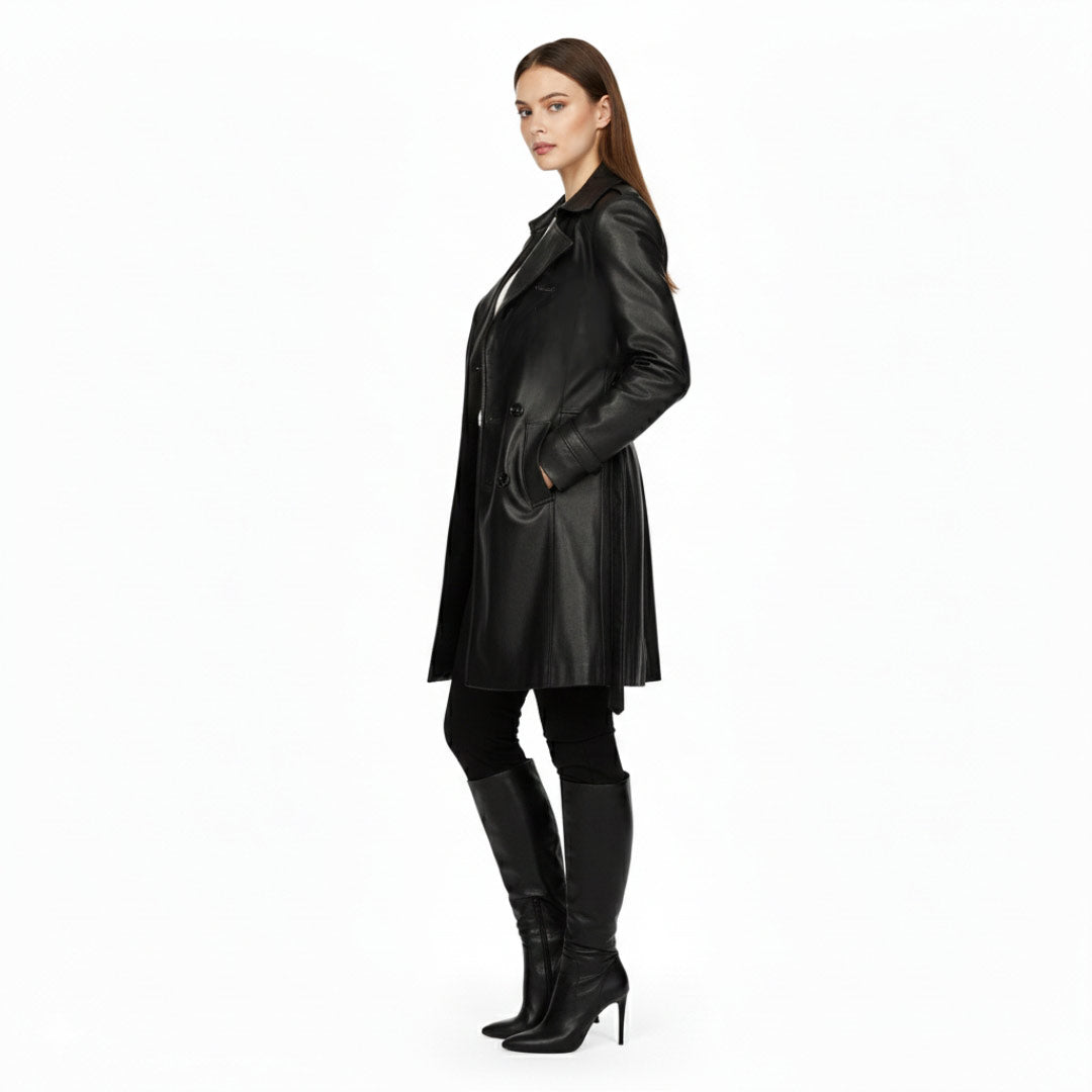 Black leather trench coat for women UK, alternate side view