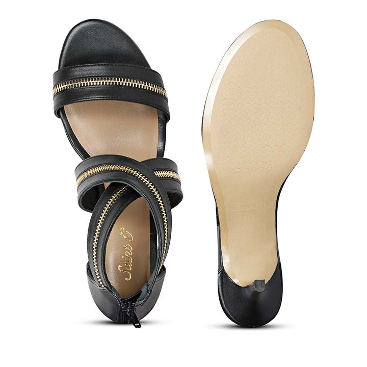 Saint Delilah zip decor criss cross black leather stiletto sandals, sole view