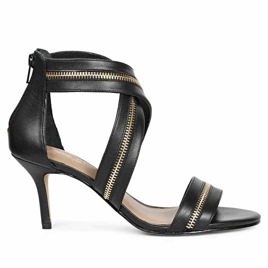Saint Delilah zip decor black leather stiletto heels with criss-cross straps, side profile view