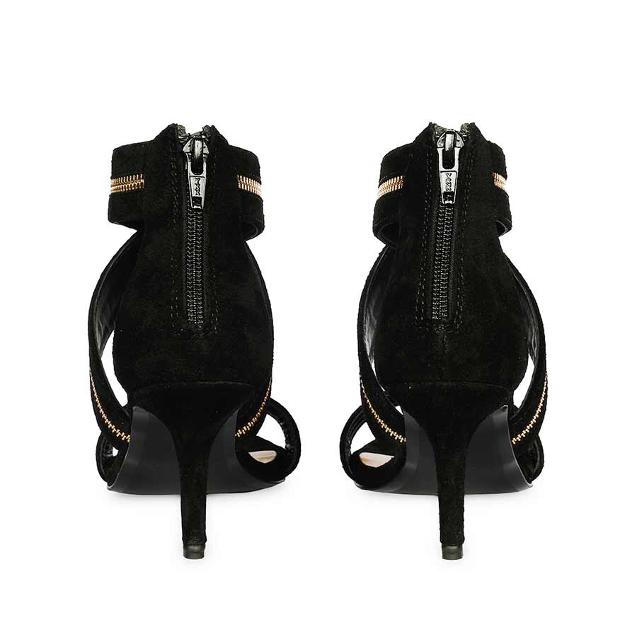 Saint Delilah black suede stiletto sandals, back view showing ankle zip closure