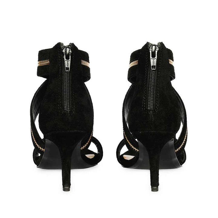 Saint Delilah black suede stiletto sandals, back view showing ankle zip closure