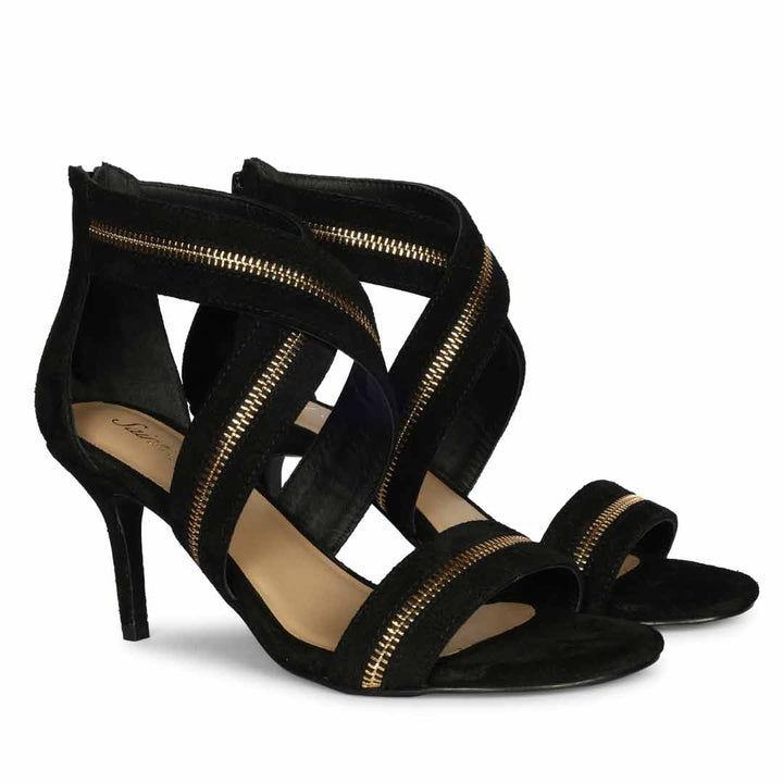 Saint Delilah criss cross black suede stiletto sandals, pair view showing gold zip trim
