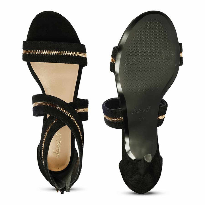 Saint Delilah black suede stiletto sandals, sole view