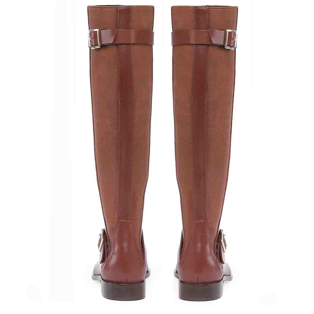 Saint Delores tan leather knee high boots, back pair view showing buckle detail
