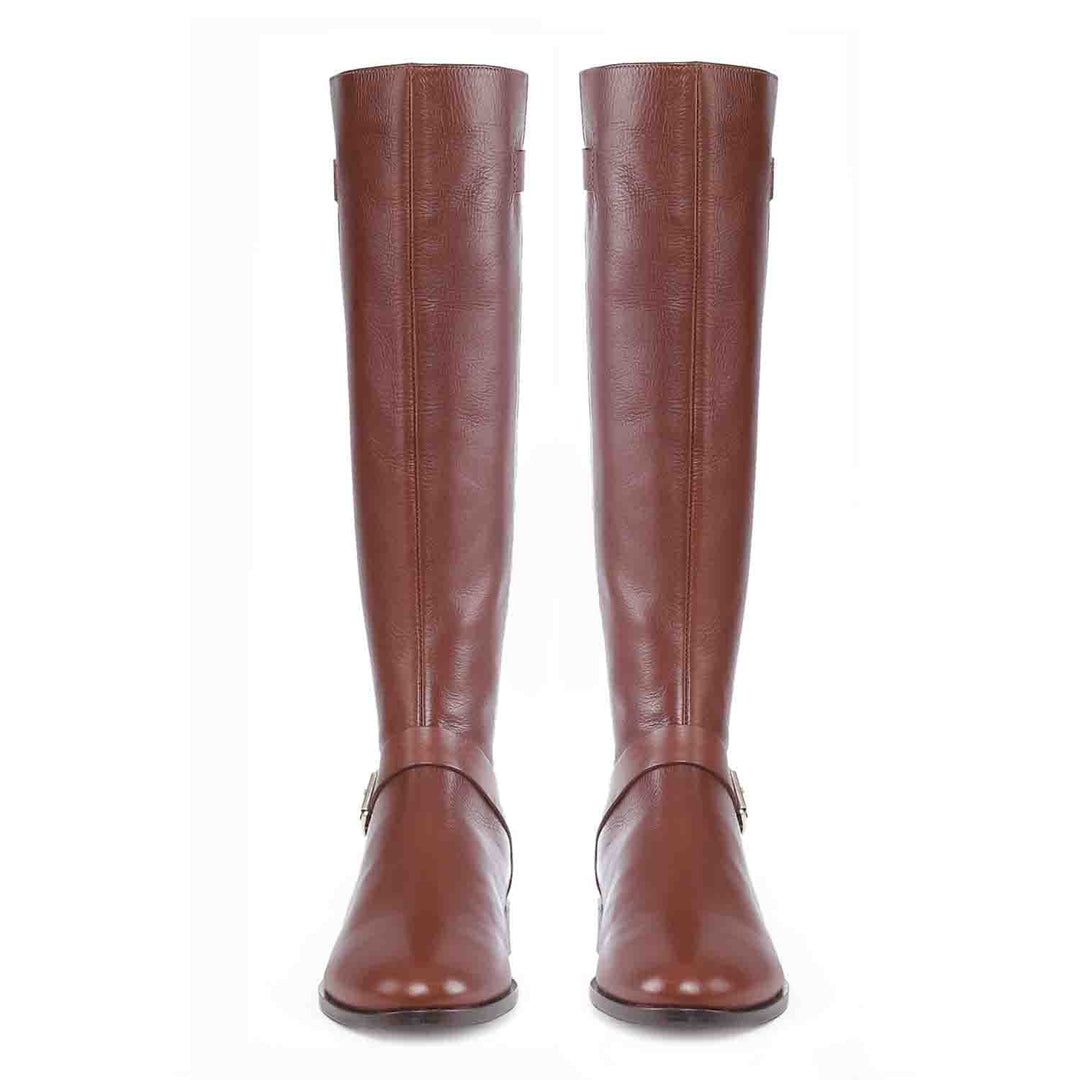 Women's tan leather knee high boots, front pair view of buckle straps
