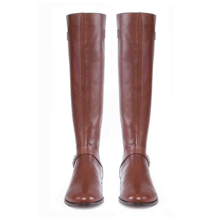 Women's tan leather knee high boots, front pair view of buckle straps